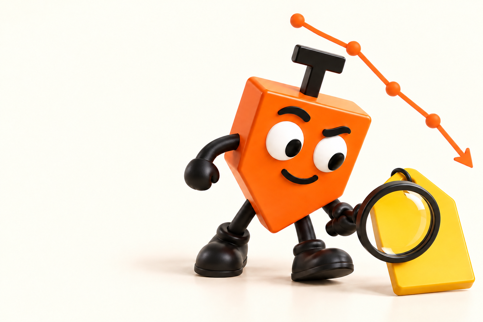Prumim, o mascote do Prumo, conferindo se o desconto é real